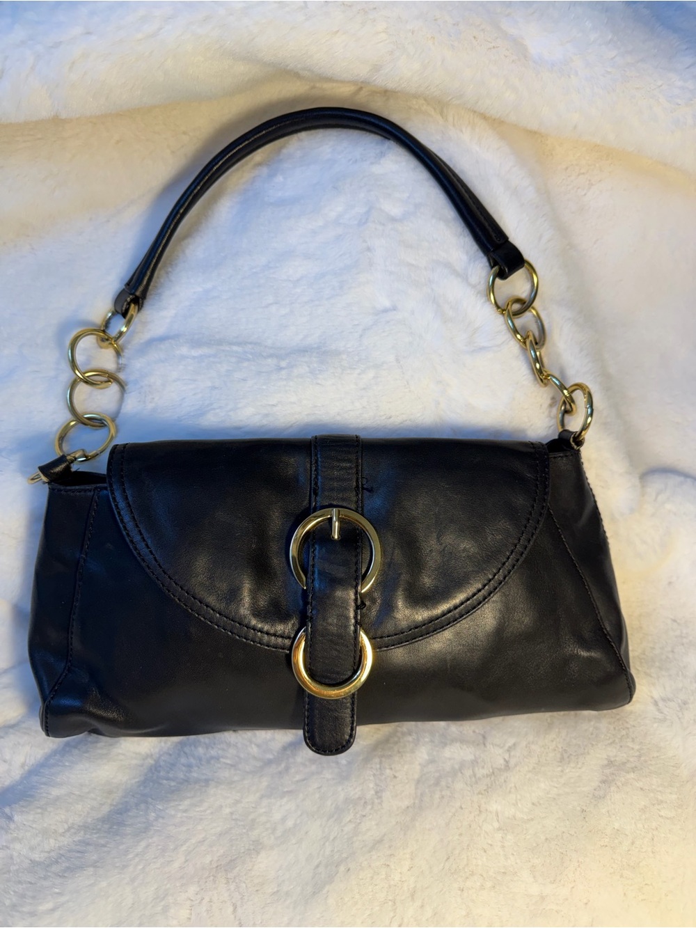 Kate Landry Black Leather Shoulder Bag with Gold Rings